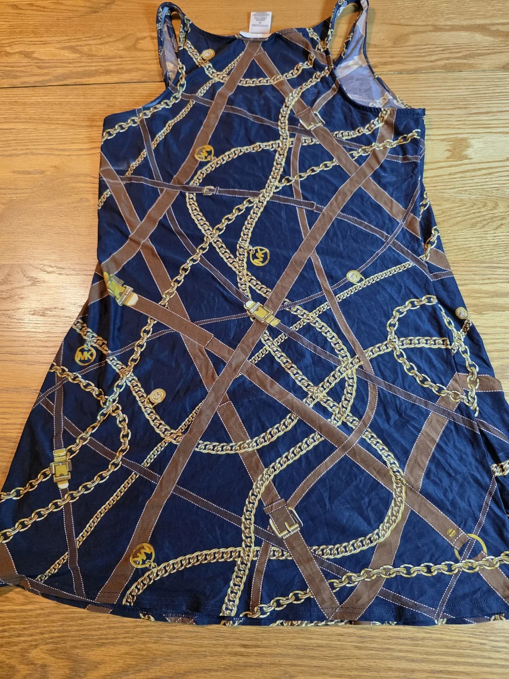 Michael Kors Navy Dress with Gold Chain & Brown Strap Print